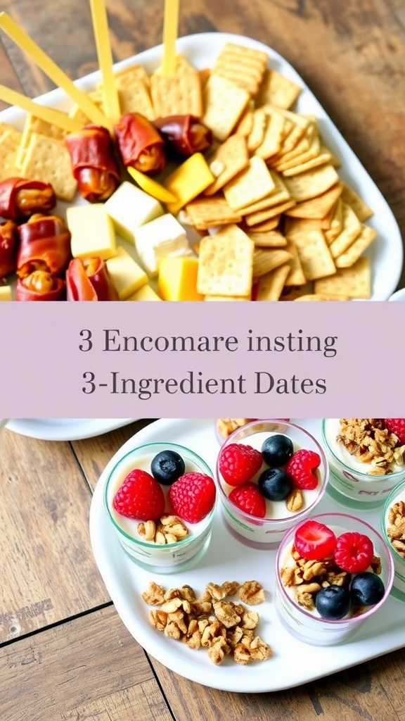 An inviting platter with bacon-wrapped dates, cheese and crackers, and yogurt cups with berries.
